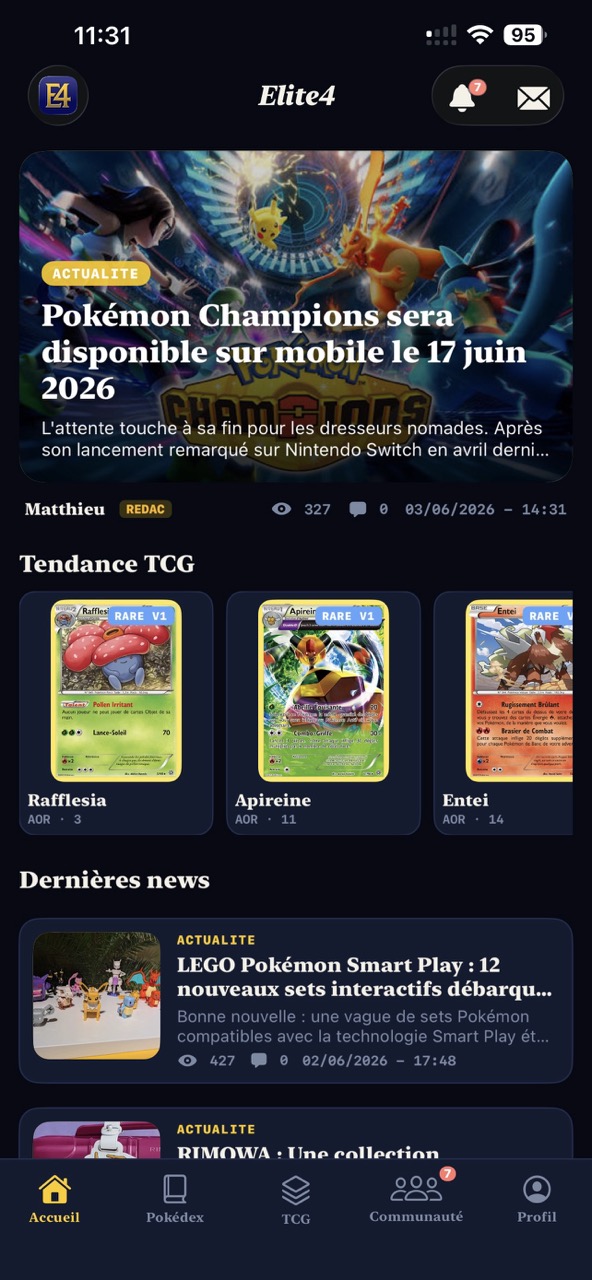 Elite4 home feed — daily Pokémon news in French