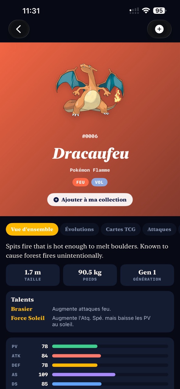 Pokédex entry — Charizard with base stats, types and abilities