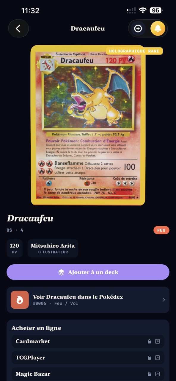 Card detail — add a card to a deck, with prices and Pokédex link
